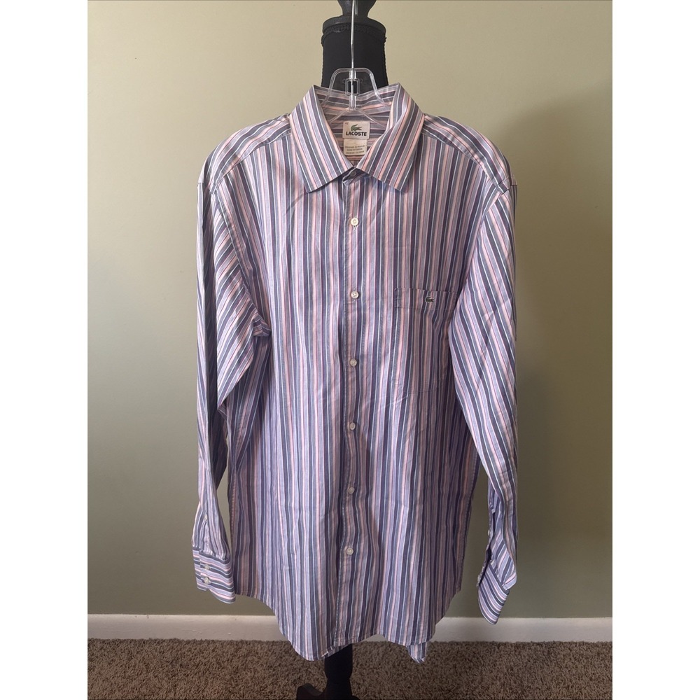 Vintage Lacoste Striped‎ Button Up Shirt Mens 42 Blue Pink Long Sleeve Logo